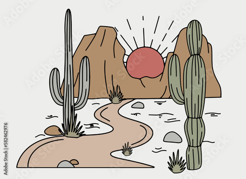 Wild west desert landscape with mountains and cactus. retro cartoon vector illustration