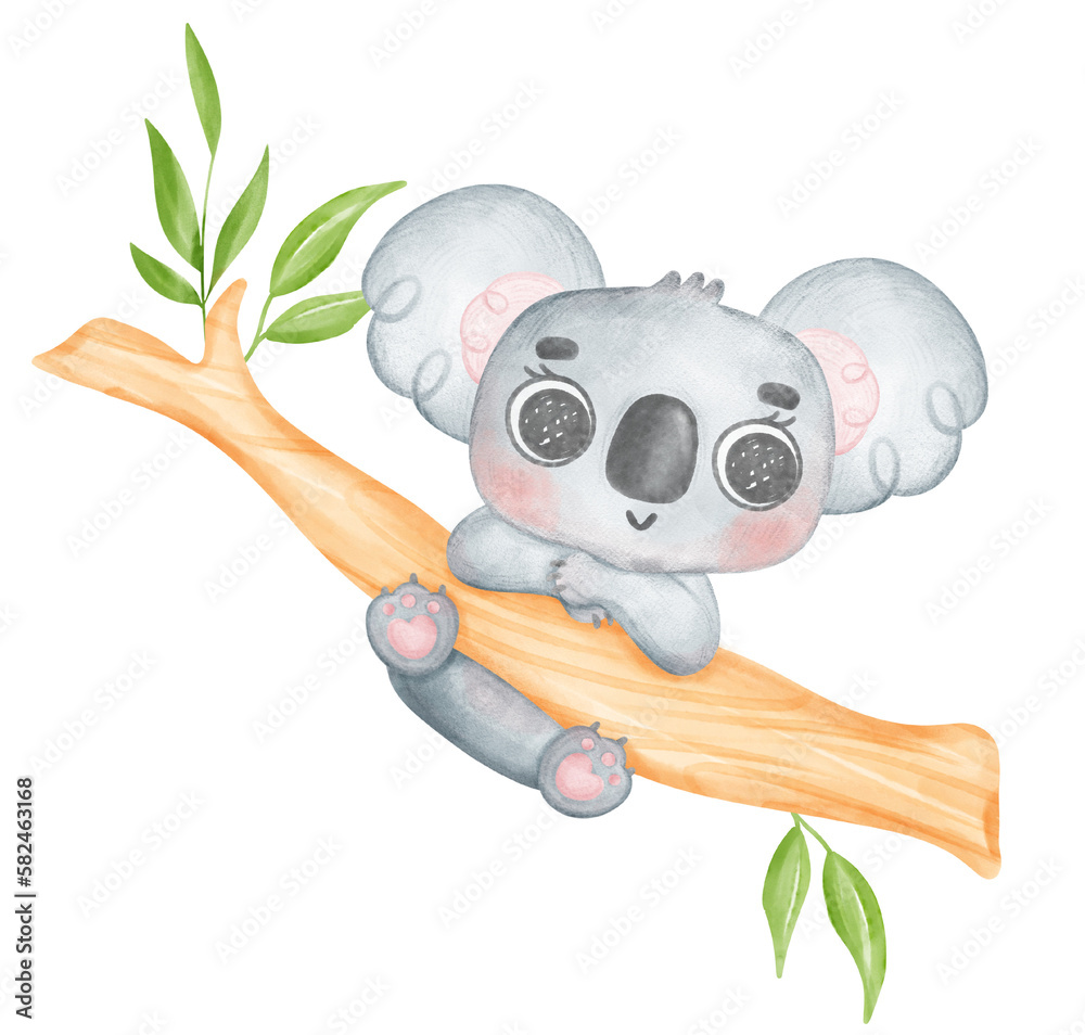 Obraz premium Cute Fuzzy-Eared innocence baby Koala on a tree branch watercolour Illustration