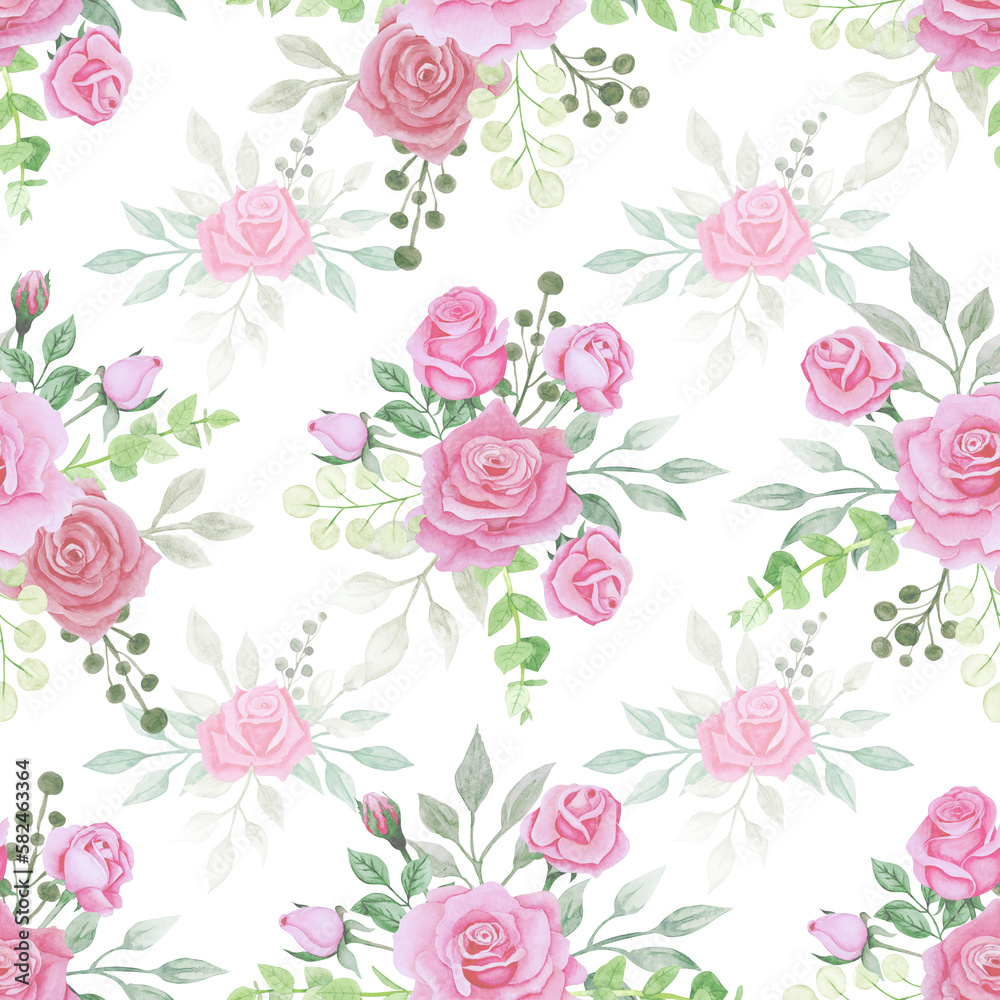 Seamless floral pattern-232. Bouquet of roses on a white background, hand drawn watercolour illustration.