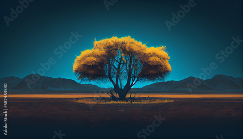 Lonely yellow oak tree in the field