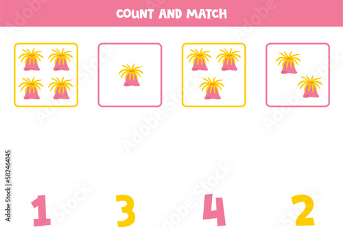 Counting game for kids. Count all sea anemone and match with numbers. Worksheet for children.