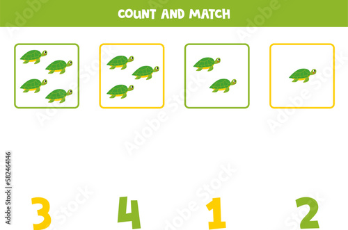 Counting game for kids. Count all sea turtle and match with numbers. Worksheet for children.