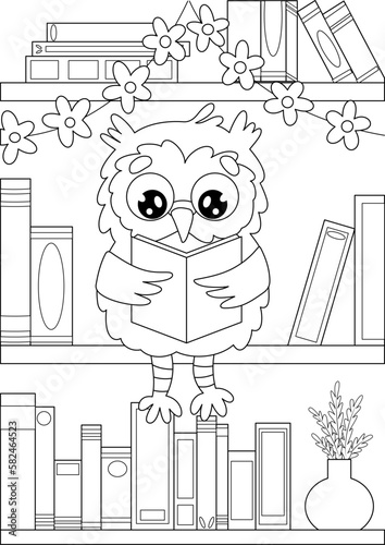 Coloring page with an owlet that reads a book
