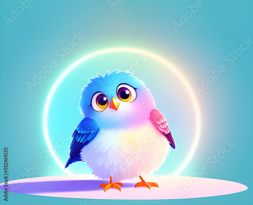 cute baby owl in neon circle on blue background. generative ai