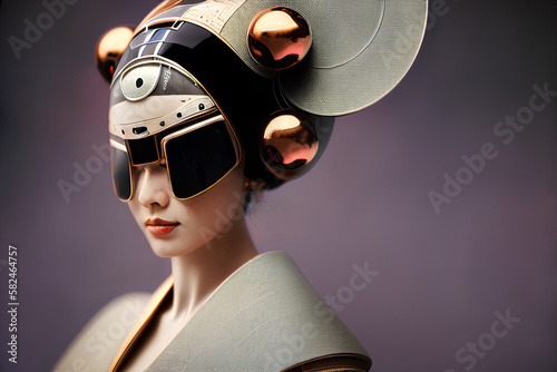 Fashion trend set in the future, a Japanese geisha wearing futuristic headgear and dressed in modern style women's traditional kimono. Model poses in futuristic clothes in a photoshoot. Generative AI.