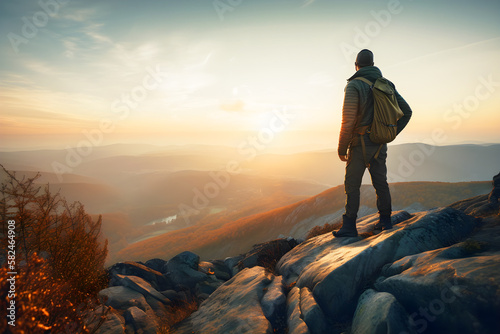 Tourist man hiker on top of the mountain. Active life concept  illustration ai generative