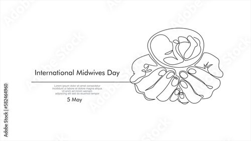 International midwives day. Continuous one line drawing of hands holding a newborn baby. Concept of protect child, save child.