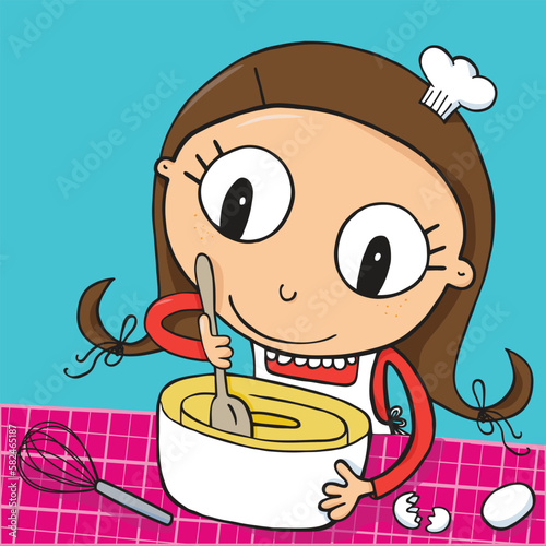 Girl bakes a cake with a spoon in her hand.