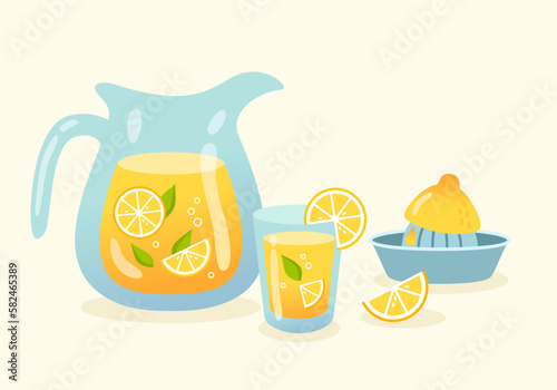 Lemonade jug and glass and juicer in flat style.