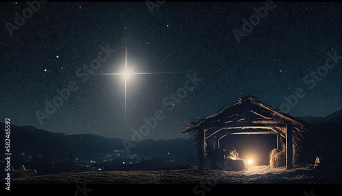 Billede på lærred The star shines over the manger of Christmas of Jesus Christ