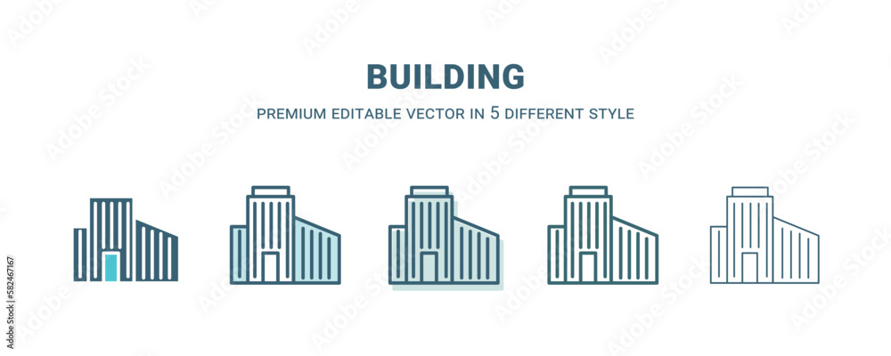 building icon in 5 different style. Outline, filled, two color, thin building icon isolated on white background. Editable vector can be used web and mobile