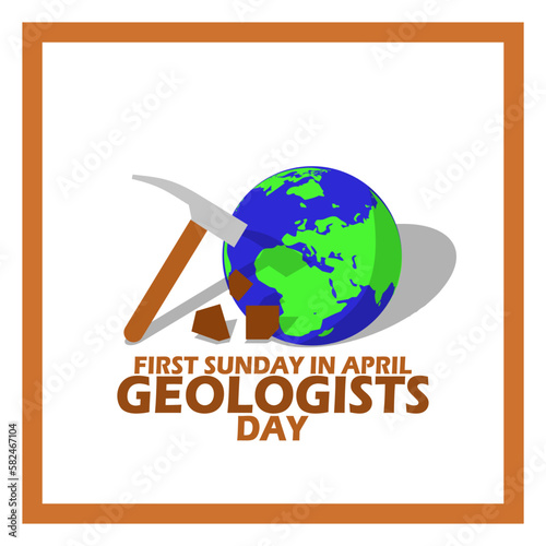 A hammer with earth, bold text and frame on white background to commemorate Geologists Day on First Sunday In April