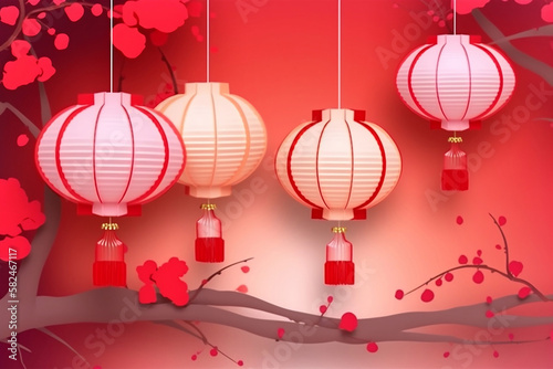 Hanging Chinese new year lanterns in paper cut style on red background