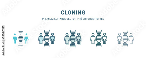 cloning icon in 5 different style. Outline, filled, two color, thin cloning icon isolated on white background. Editable vector can be used web and mobile