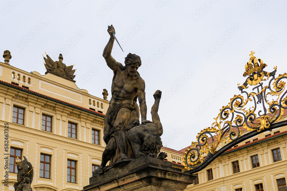 Fototapeta premium Ancient sculptures in the architecture of the city. Historical and cultural heritage. Background.