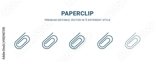 paperclip icon in 5 different style. Outline, filled, two color, thin paperclip icon isolated on white background. Editable vector can be used web and mobile