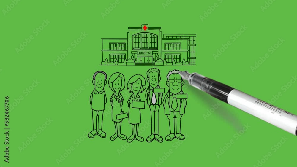 Draw building of hospital with peon, worker, nurse and doctor in ...