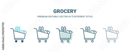grocery icon in 5 different style. Outline, filled, two color, thin grocery icon isolated on white background. Editable vector can be used web and mobile