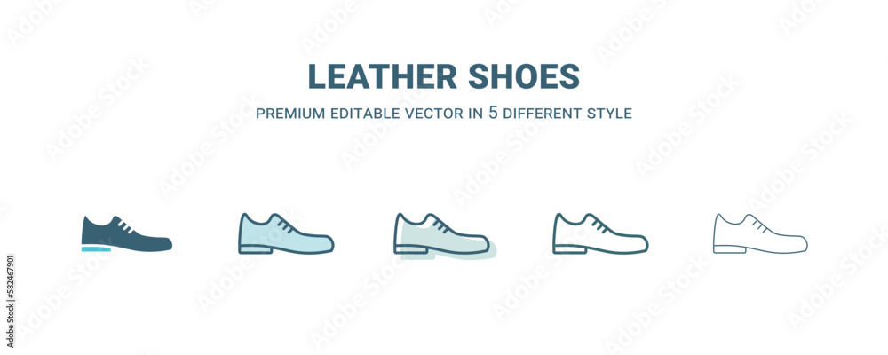 leather shoes icon in 5 different style. Outline, filled, two color, thin leather shoes icon isolated on white background. Editable vector can be used web and mobile