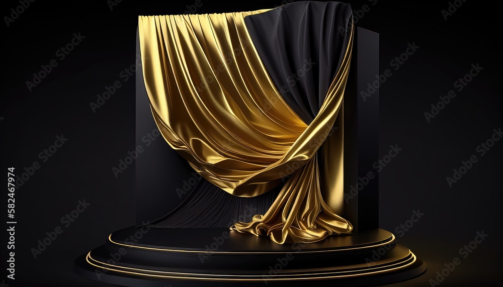 3D background. Podium display mockup. Gold silk cloth in motion. Gold frame for Beauty, product, cosmetic presentation. Feminine scene with pedestal. Generative AI Technology 3D background. Podium display mockup. Gold silk cloth in motion. Gold frame for Beauty, product, cosmetic presentation. Feminine scene with pedestal. Generative AI Technology