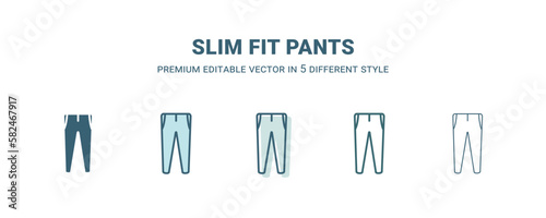 slim fit pants icon in 5 different style. Outline  filled  two color  thin slim fit pants icon isolated on white background. Editable vector can be used web and mobile
