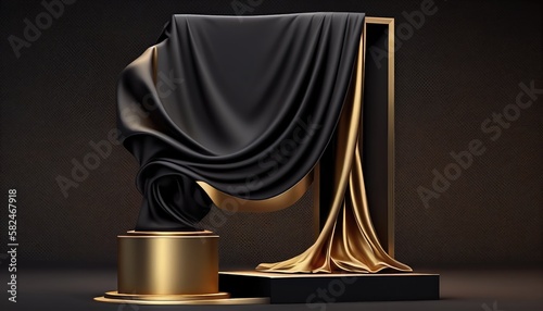 3D background. Podium display mockup. Gold silk cloth in motion. Gold frame for Beauty, product, cosmetic presentation. Feminine scene with pedestal. Generative AI Technology