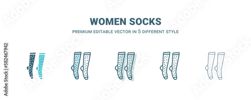 women socks icon in 5 different style. Outline, filled, two color, thin women socks icon isolated on white background. Editable vector can be used web and mobile