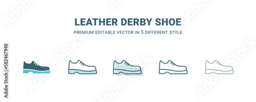 leather derby shoe icon in 5 different style. Outline, filled, two color, thin leather derby shoe icon isolated on white background. Editable vector can be used web and mobile