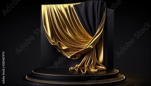 3D background. Podium display mockup. Gold silk cloth in motion. Gold frame for Beauty, product, cosmetic presentation. Feminine scene with pedestal. Generative AI Technology