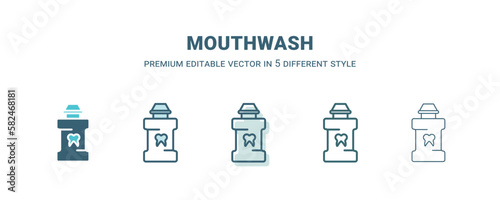 mouthwash icon in 5 different style. Outline, filled, two color, thin mouthwash icon isolated on white background. Editable vector can be used web and mobile