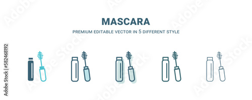 mascara icon in 5 different style. Outline  filled  two color  thin mascara icon isolated on white background. Editable vector can be used web and mobile