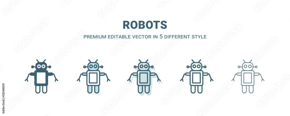 robots icon in 5 different style. Outline, filled, two color, thin robots icon isolated on white background. Editable vector can be used web and mobile