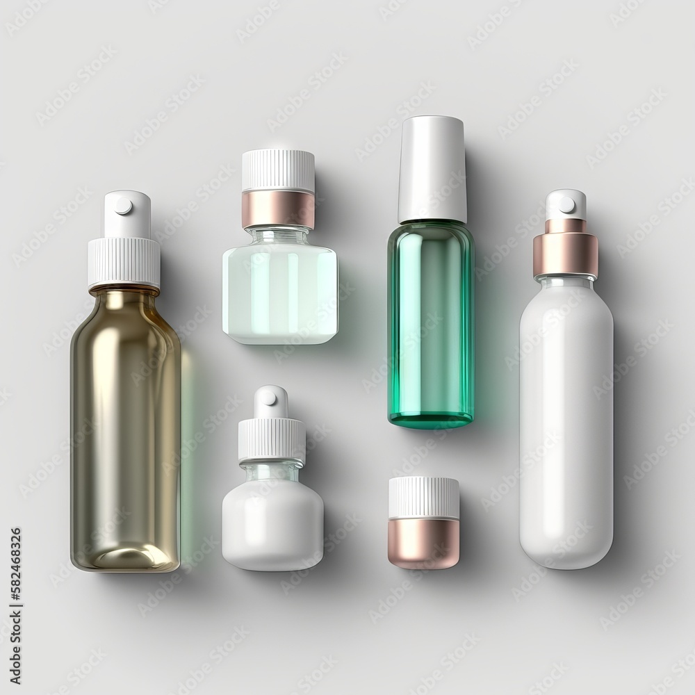 various bottles / roller bottles / spray bottles made of glass and metal for cosmetics, natural medicine , other liquids isolated over a white background, top view various bottles / roller bottles / spray bottles made of glass and metal for cosmetics, natural medicine , other liquids isolated over a white background, top view