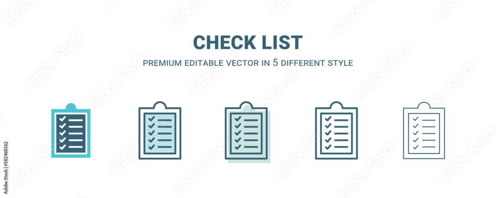 check list icon in 5 different style. Outline, filled, two color, thin check list icon isolated on white background. Editable vector can be used web and mobile check list icon in 5 different style. Outline, filled, two color, thin check list icon isolated on white background. Editable vector can be used web and mobile