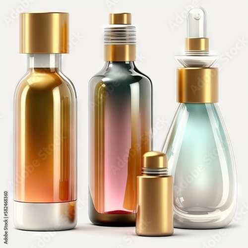 various bottles   roller bottles   spray bottles made of glass and metal for cosmetics  natural medicine  other liquids isolated over a white background  top view  Generative AI 