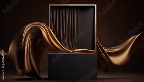 3D background. Podium display mockup. Gold silk cloth in motion. Gold frame for Beauty, product, cosmetic presentation. Feminine scene with pedestal.  Generative AI Technology