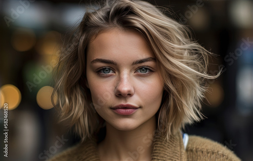 beautifull blonde female model walking outside a shopping center, with a short bob, an intense look and bokeh background. generative ai 