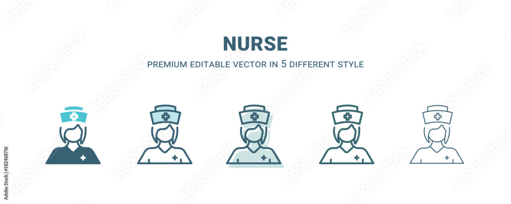 nurse icon in 5 different style. Outline, filled, two color, thin nurse icon isolated on white background. Editable vector can be used web and mobile nurse icon in 5 different style. Outline, filled, two color, thin nurse icon isolated on white background. Editable vector can be used web and mobile