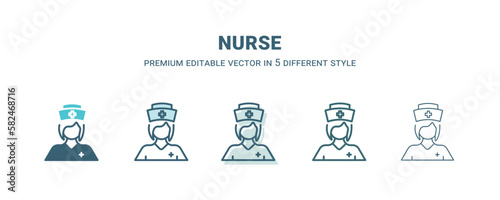 nurse icon in 5 different style. Outline, filled, two color, thin nurse icon isolated on white background. Editable vector can be used web and mobile