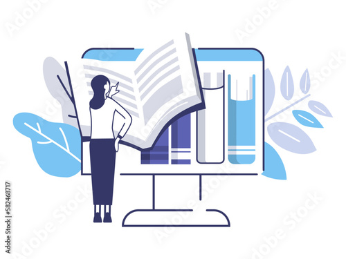 flat design vector illustration of online book with PC