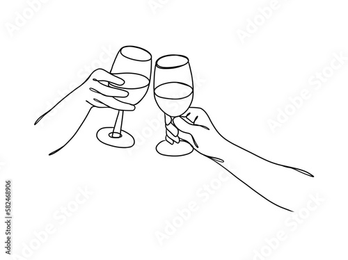 Continuous one line drawing of hands cheering with glasses of wine. Vector illustration.