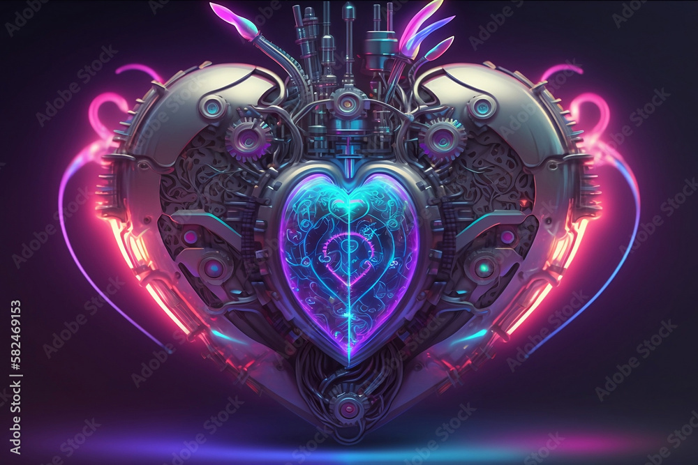 Fototapeta premium Metal futuristic robotic heart on dark background with neon lights, high tech. Digital art, cyberpunk style. 3d image is AI generated. Symbol of love.