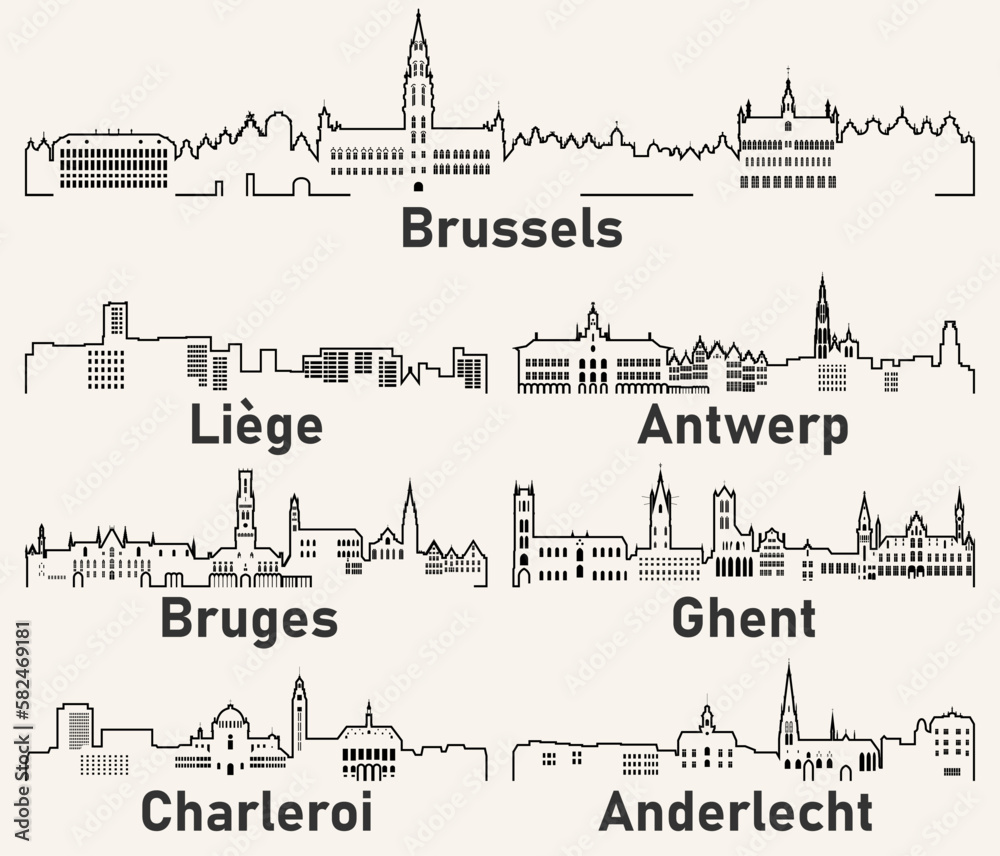 Belgium cities outline skylines vector set