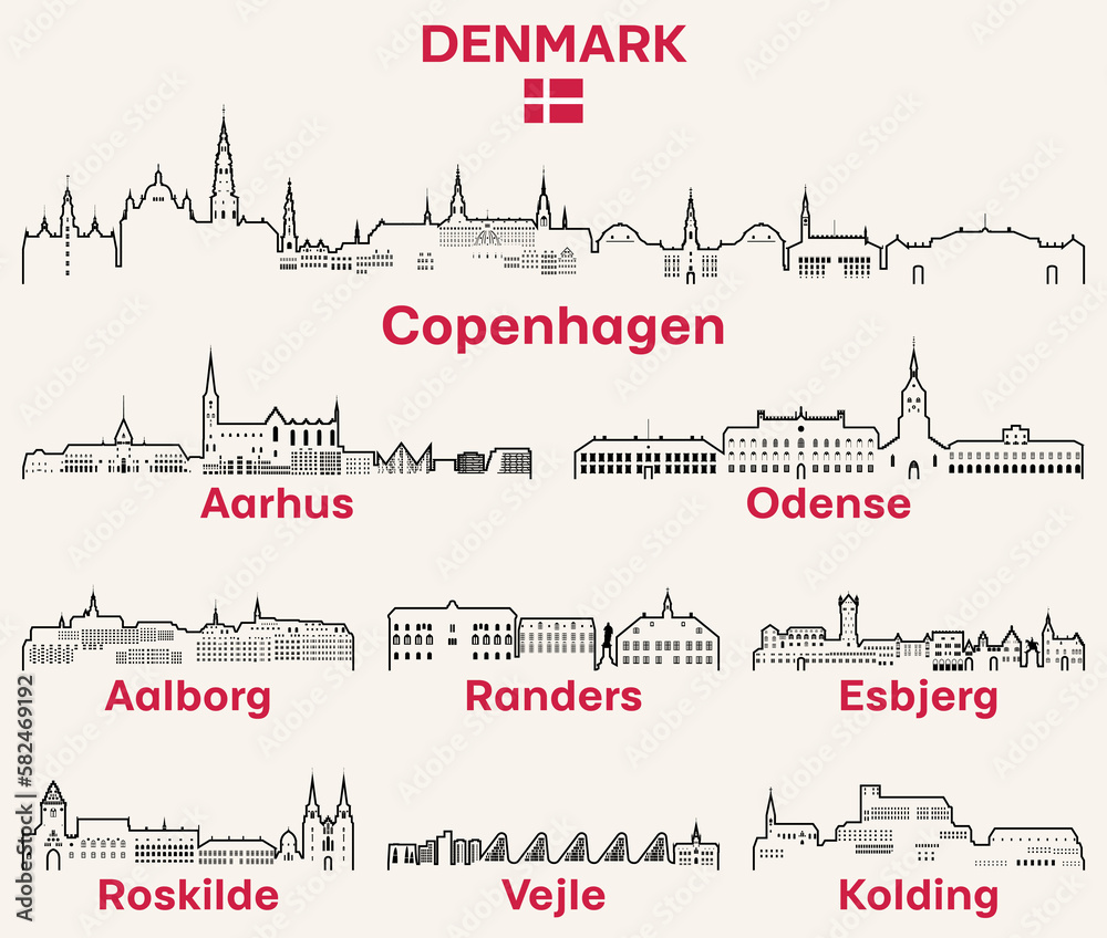Denmark cities outline skylines vector set Denmark cities outline skylines vector set