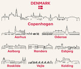Denmark cities outline skylines vector set