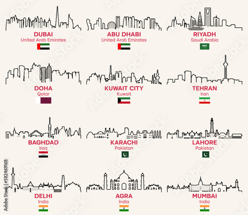 Asian cities outline skylines vector set