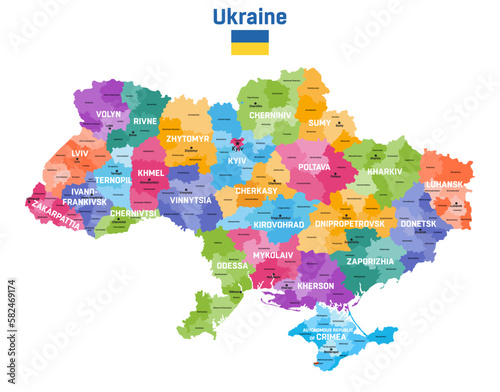 Ukraine map colored by administrative divisions (oblasts and raions) with inscriptions and capital cities. Flag of Ukraine
