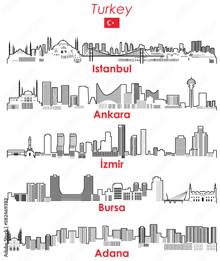 Fototapeta premium Turkey cities outline skylines vector set