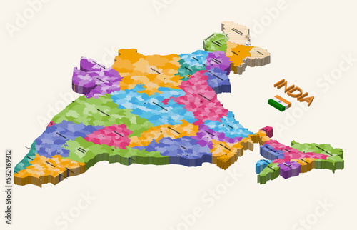 States of India 3d (isometric) colorful vector map with capital cities and flag of India