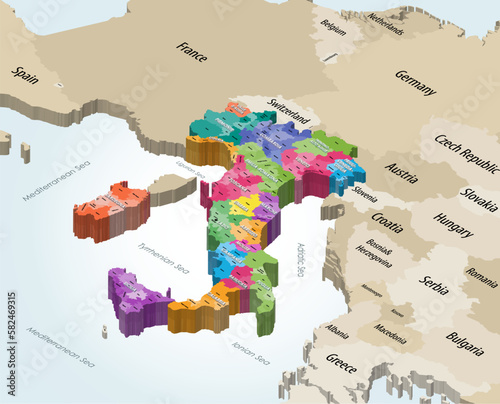Italy municipalities isometric map colored by administrative regions with neighbouring countries